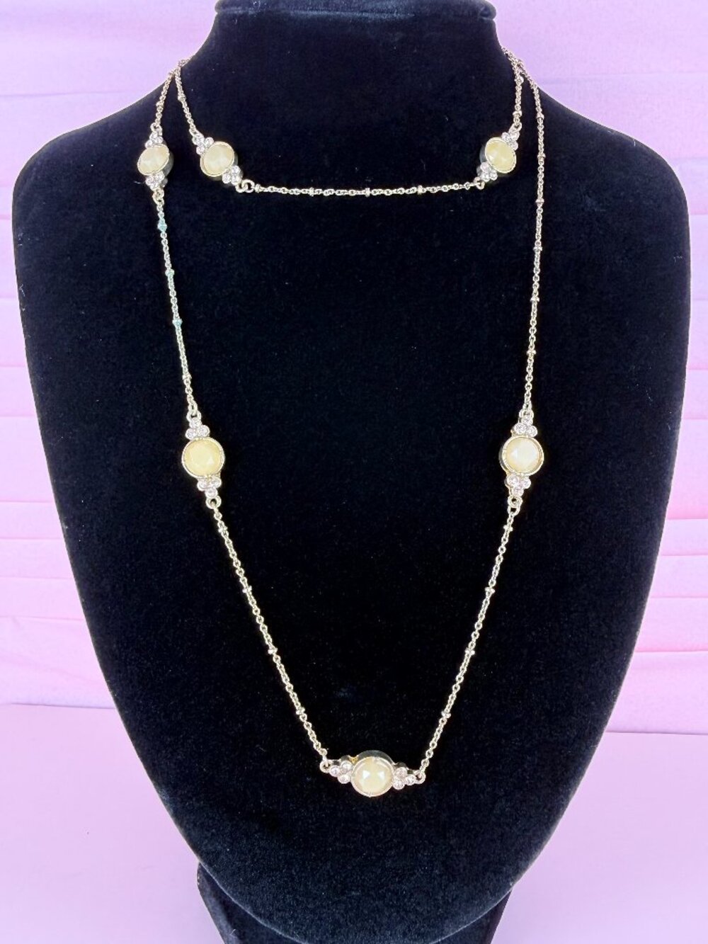Vintage Ann Taylor Gold Tone Rhinestone Dainty Station Layering 30" Necklace